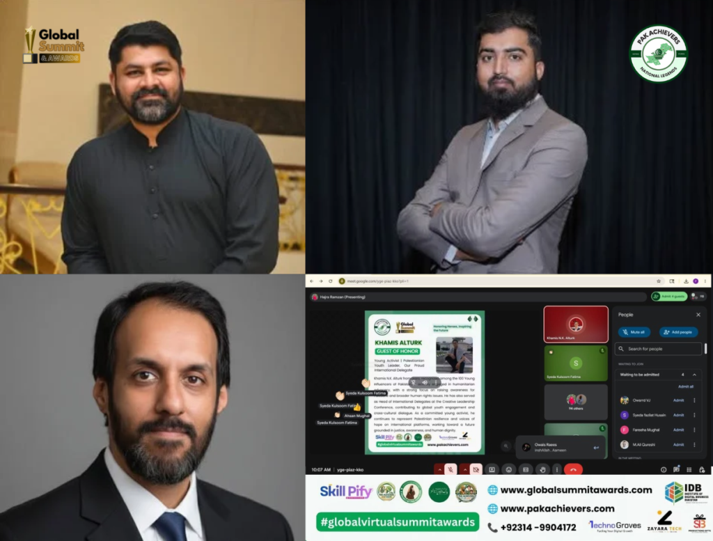 Business and startup award winners Mohsin Habib, Nasarullah Malik, and Chaudhry Muhammad Yunas at Global Summit & Awards 2026, powered by Pak Achievers.