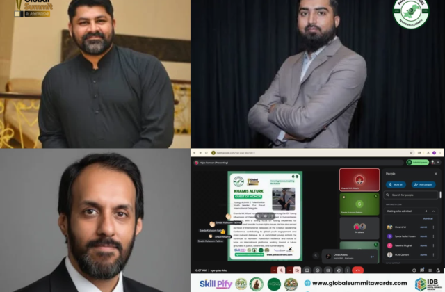 Business and startup award winners Mohsin Habib, Nasarullah Malik, and Chaudhry Muhammad Yunas at Global Summit & Awards 2026, powered by Pak Achievers.